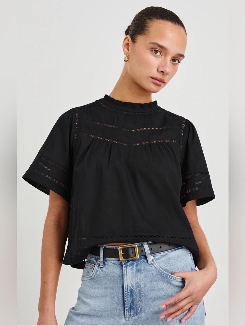 Rails Daisy Black Eyelet Ruffle Mock Neck Babydoll Top Medium EUC